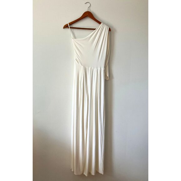 Rhea Costa One-shoulder Draped Jersey Wide-Leg Jumpsuit Ivory Size Large - Picture 5 of 9